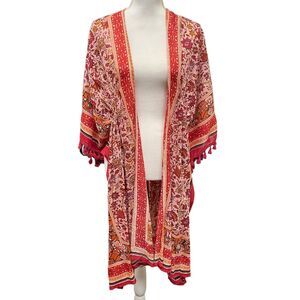 VINCE CAMUTO Pink Red Floral BoHo Tassel Open Front Kimono Beach Coverup